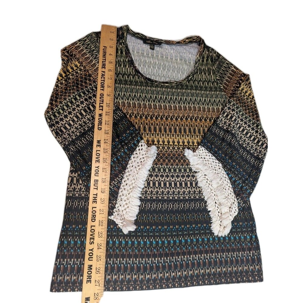 Melissa Paige Boho Geometric Print Top Large Crochet Fringe Bell Sleeve... - Picture 8 of 15